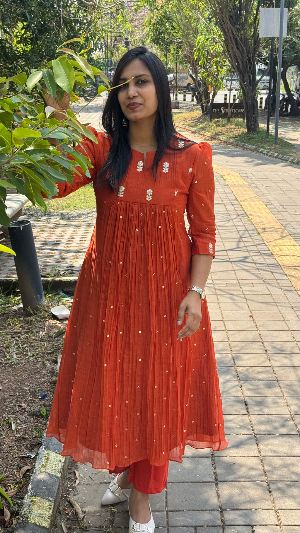 Zd Burnt orange pleated chanderi dress
