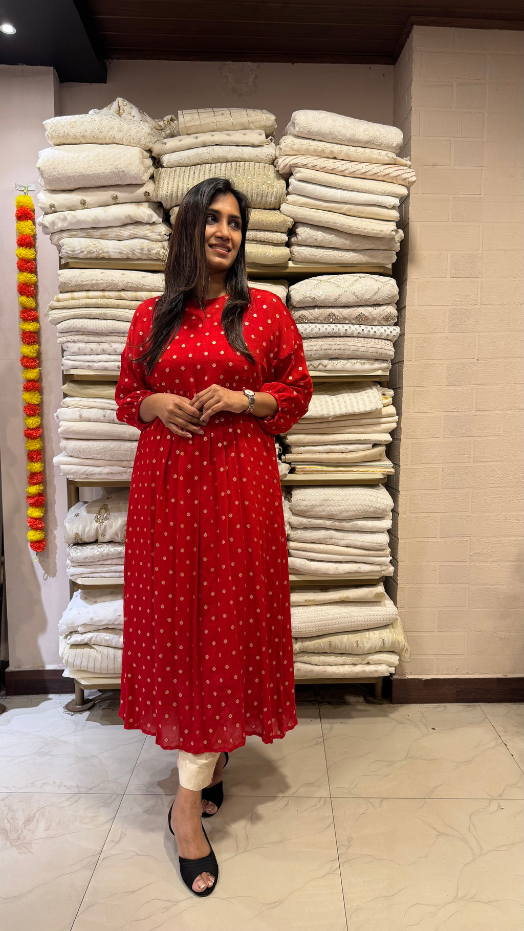 ZD Onam Red butta pleated dress