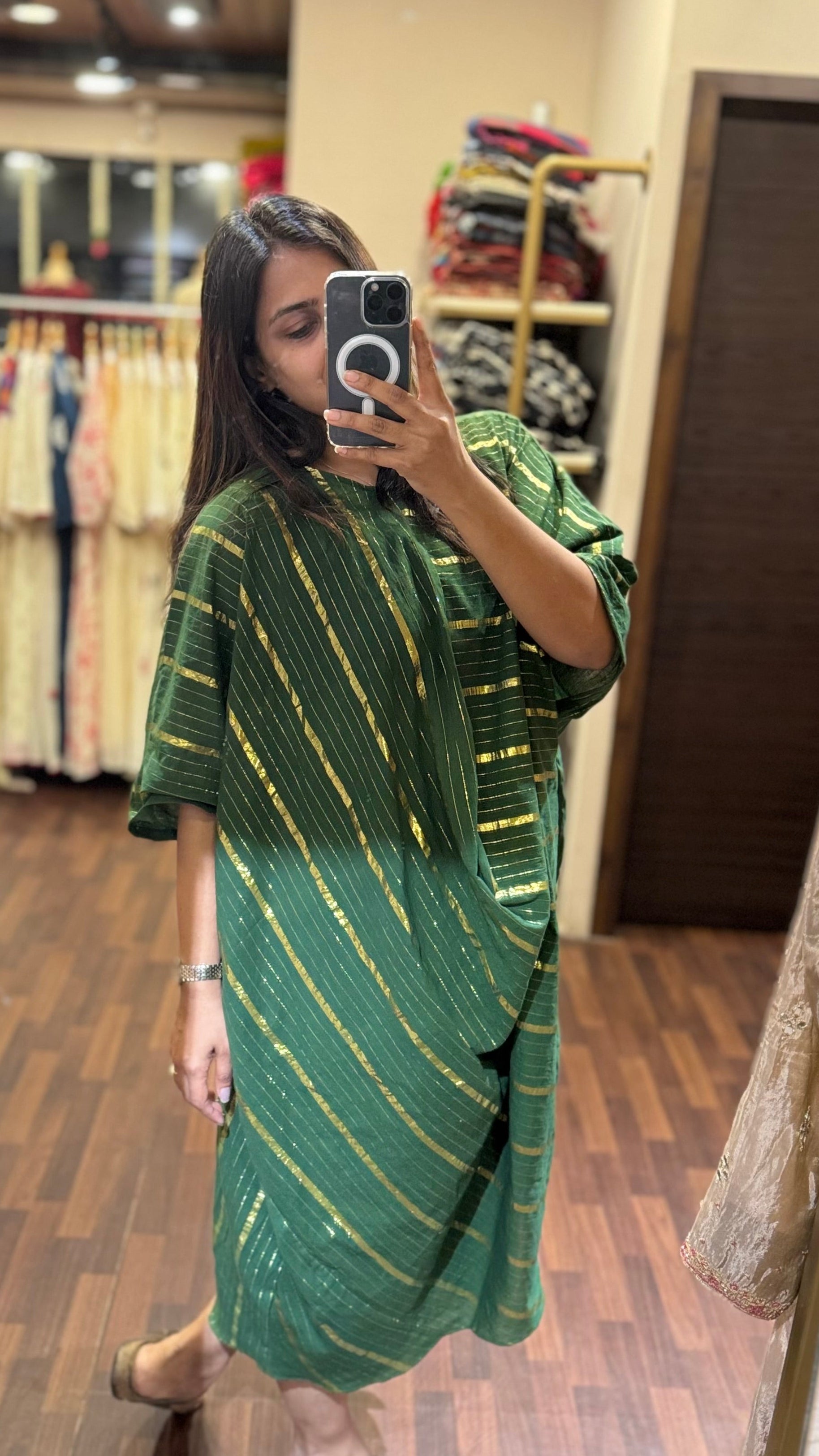 ZD green cotton Lurex cowl kaftan