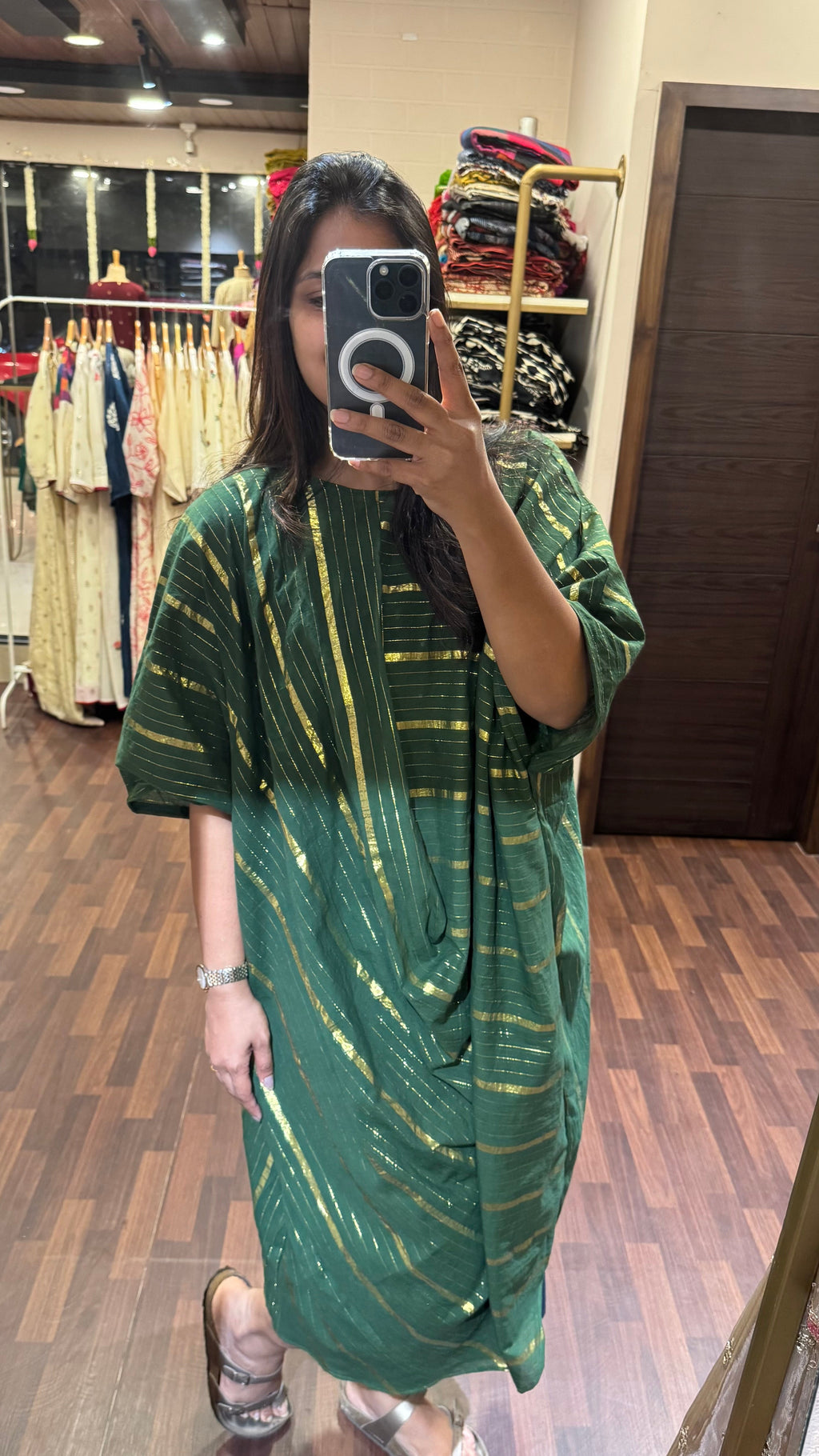 ZD green cotton Lurex cowl kaftan
