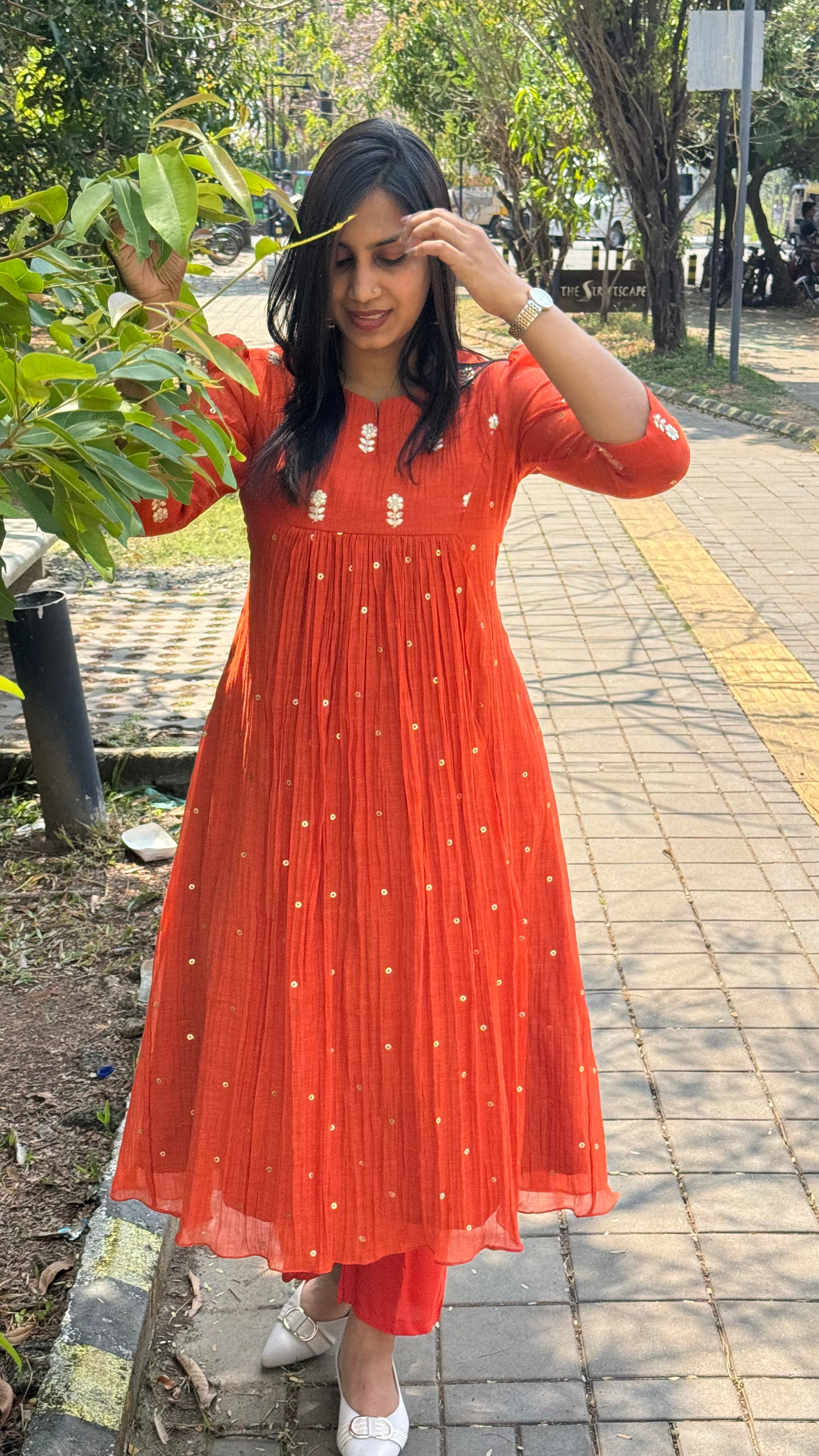 Zd Burnt orange pleated chanderi dress