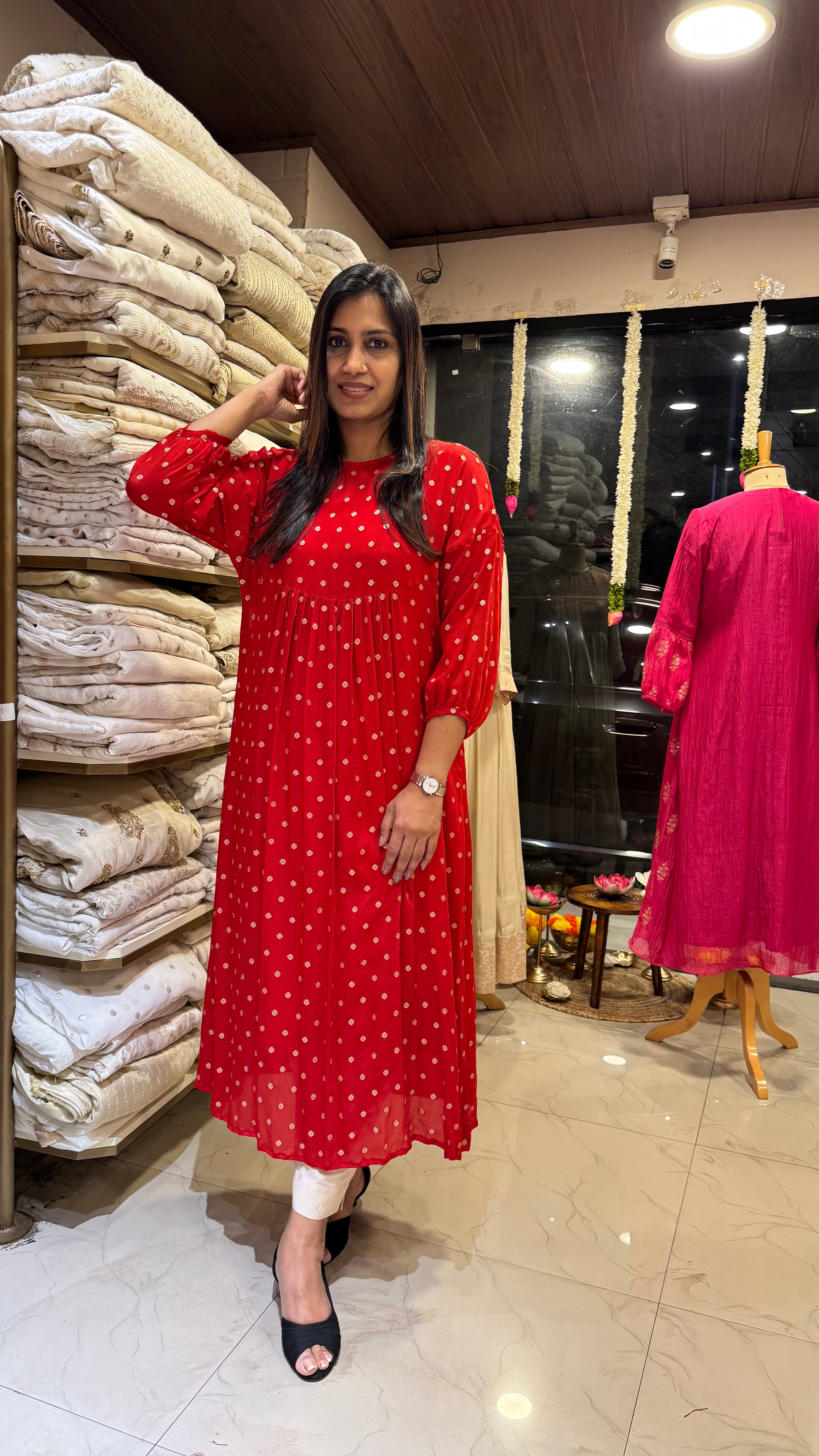ZD Onam Red butta pleated dress
