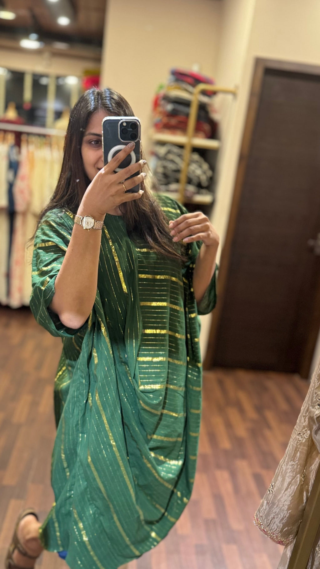 ZD green cotton Lurex cowl kaftan