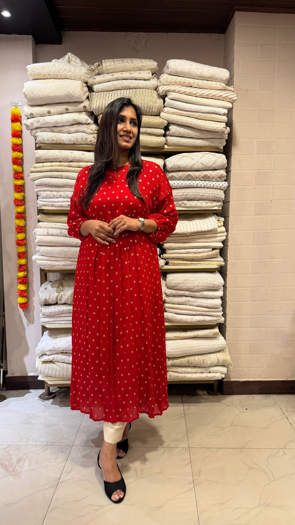ZD Onam Red butta pleated dress